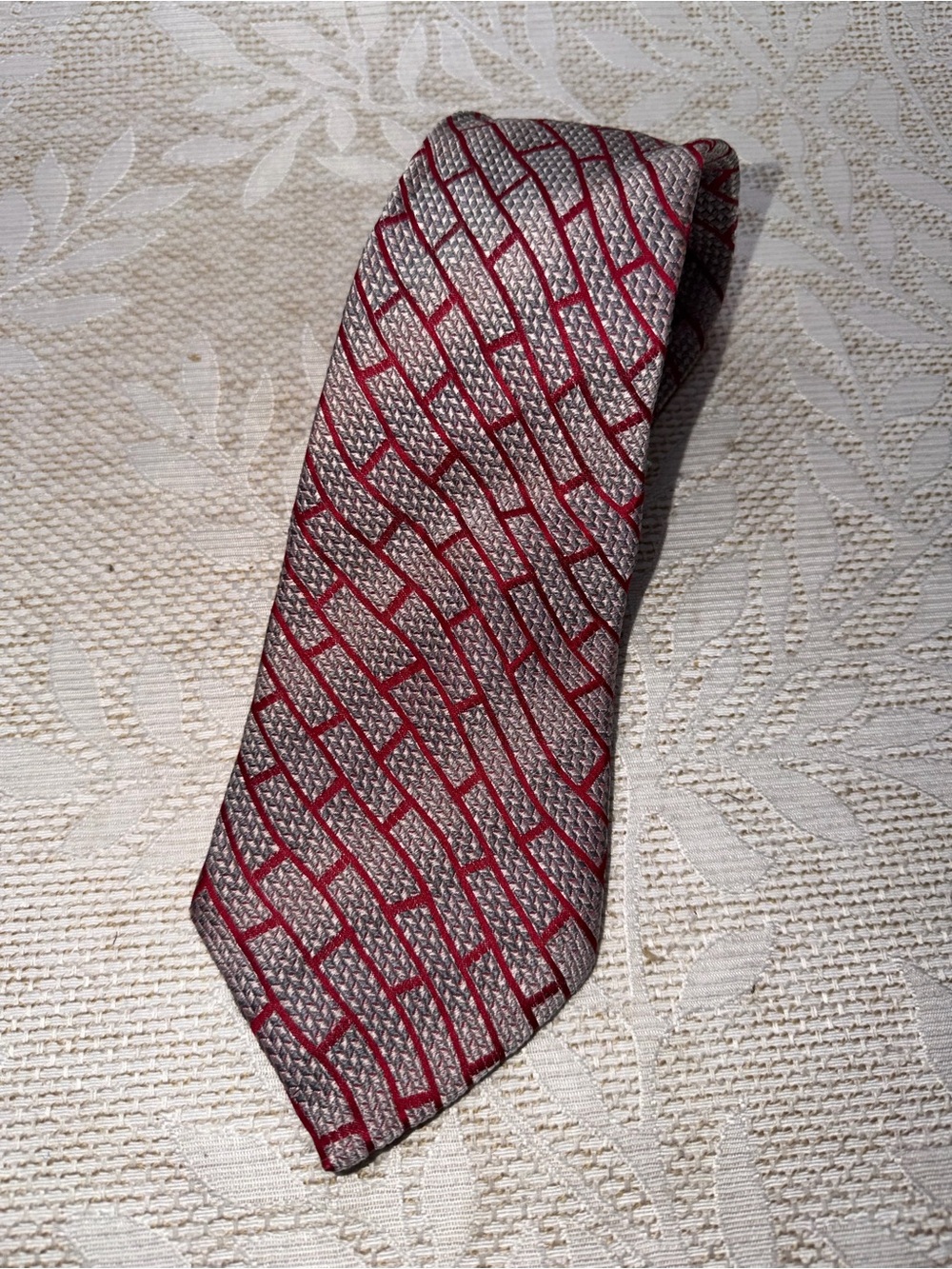 Emilio Ponti Silver And Red Geometric Handmade Silk Necktie
